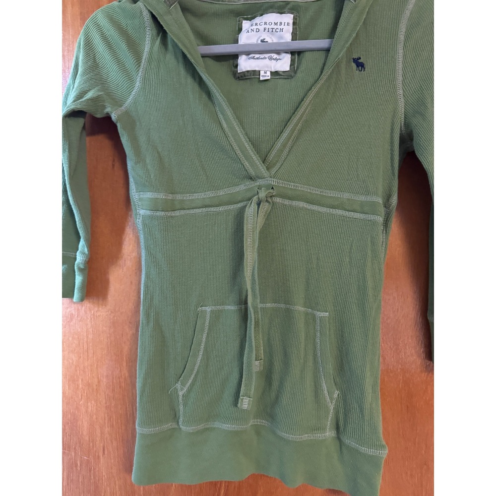 Abercrombie & Fitch Green Ribbed V-Neck Hoodie 3/4 Sleeve Y2K Vintage Medium - Picture 4 of 7